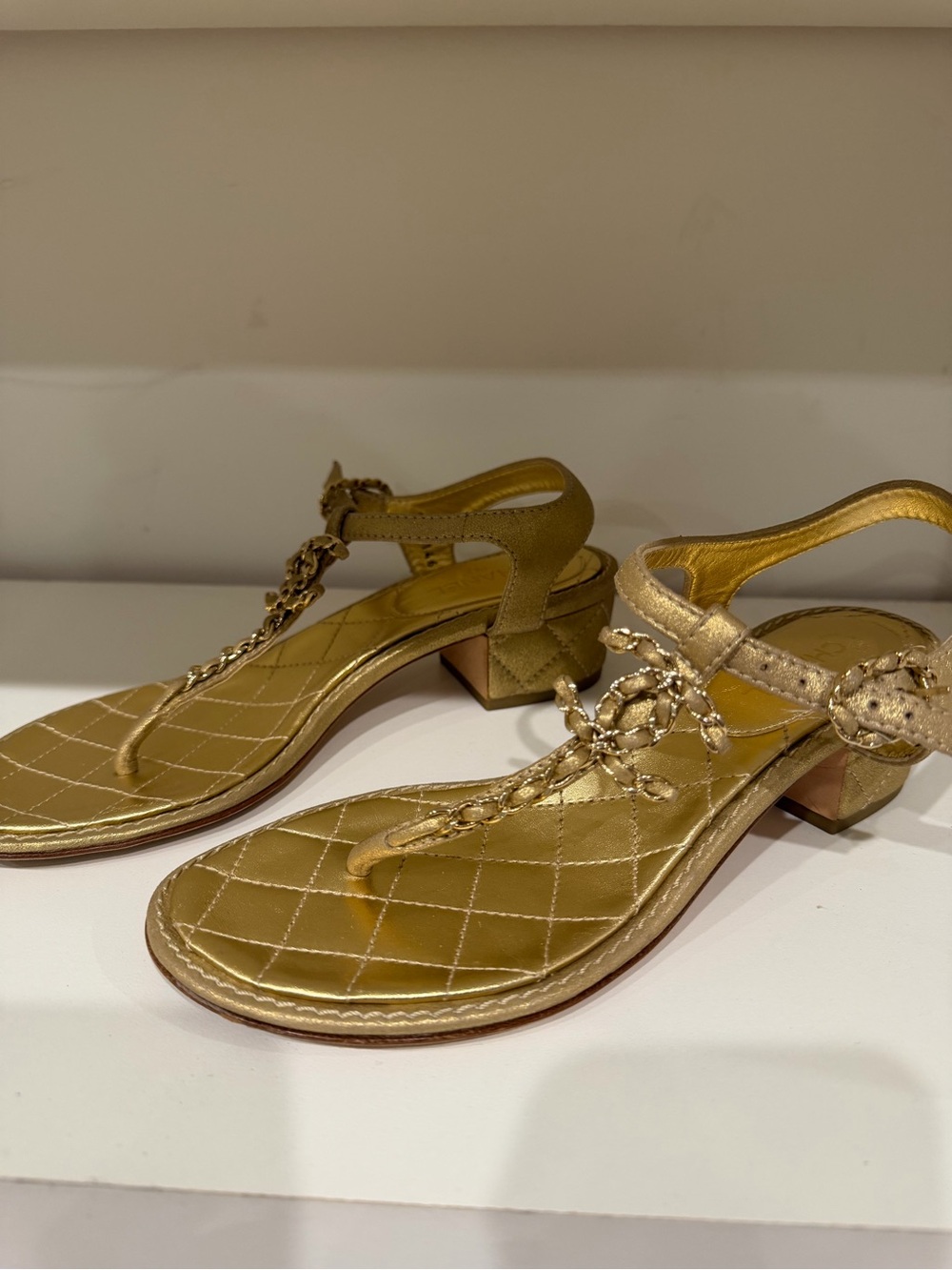 CHANEL Gold Quilted T-Strap Sandals with Chain CC Charm - Picture 2 of 3